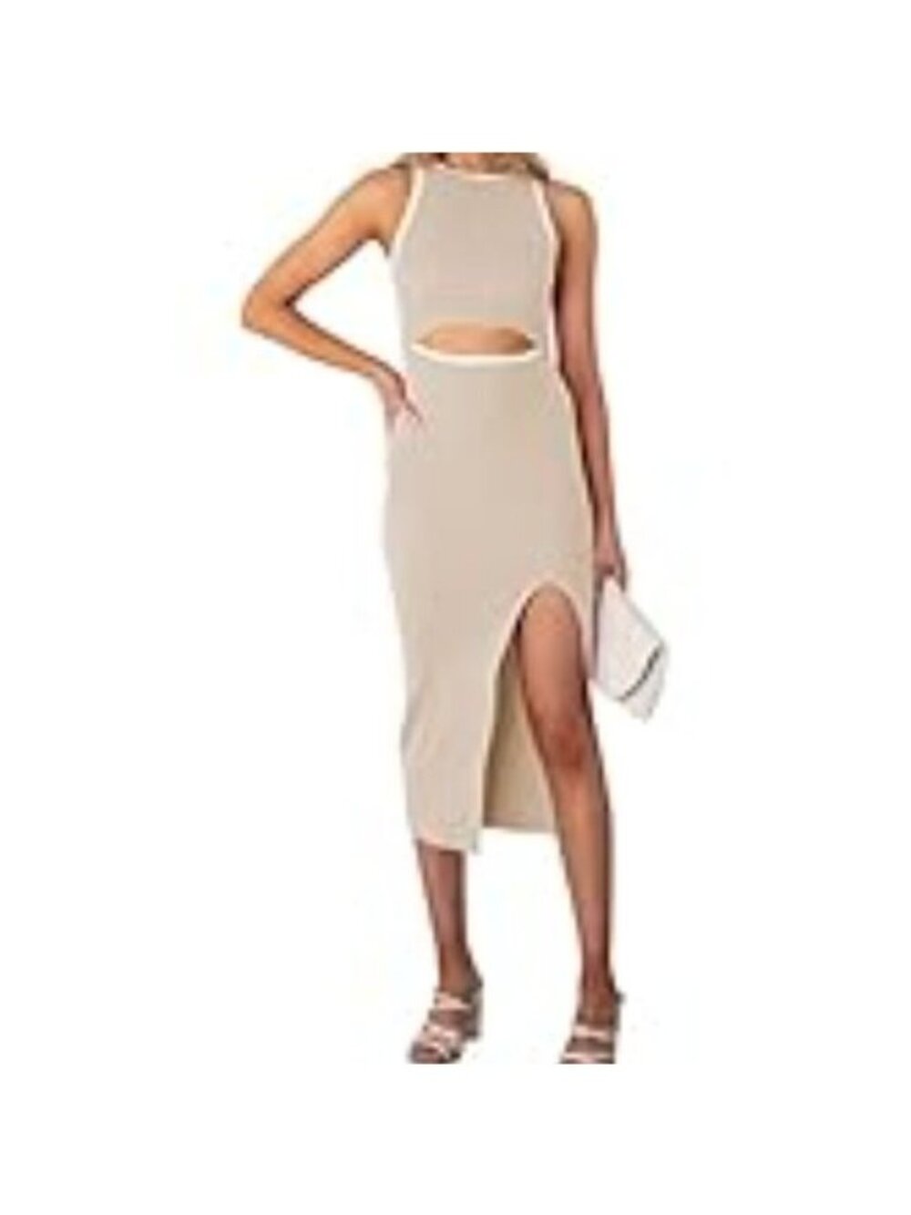 FP Open Cut Out Slit Bodycon Cream Ribbed Knit Sweater